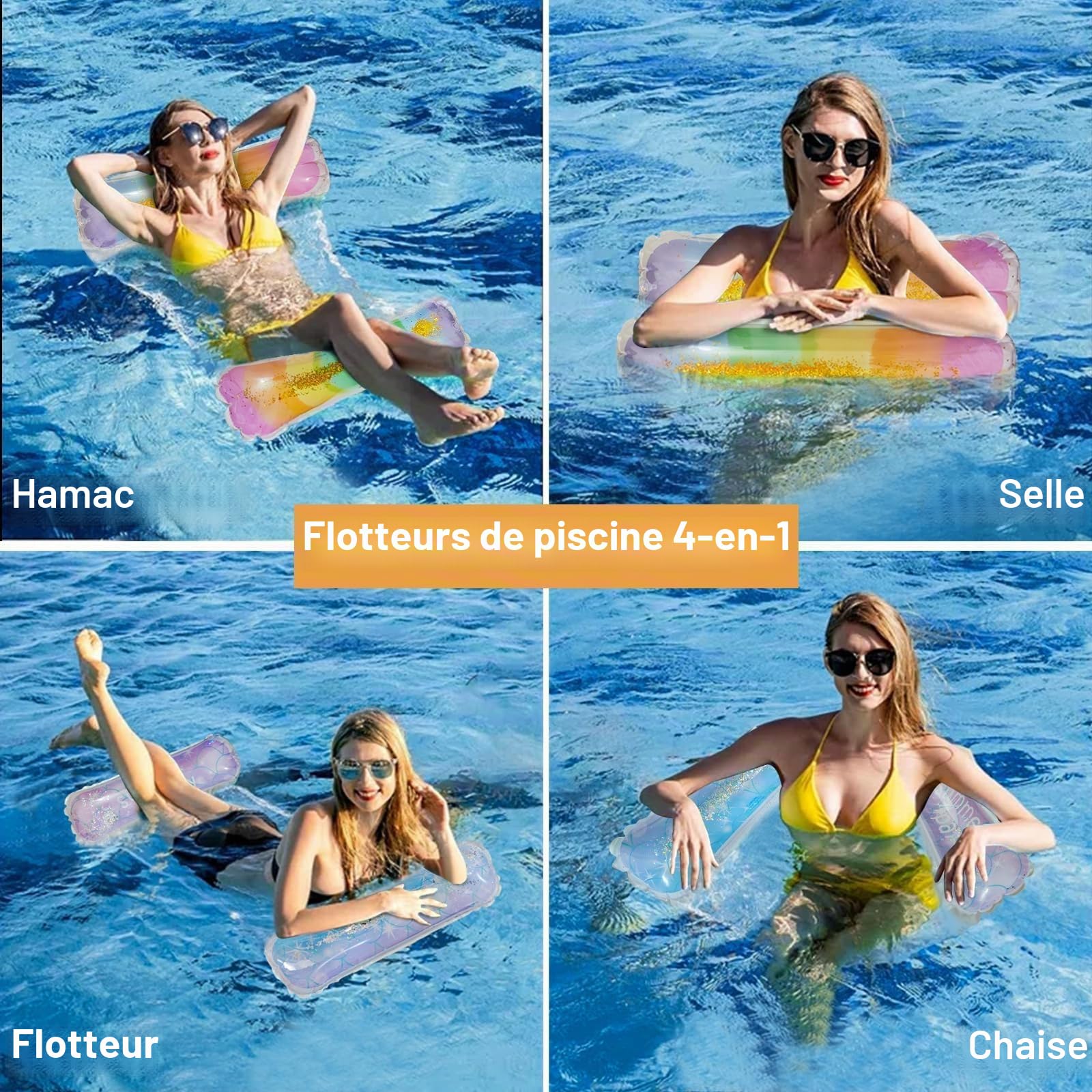 Lot de 2 hamacs flottants d'extérieur en PVC éco, 4-en-1 renforcé | 2 sacs étanches IPX8 avec pompe à air manuelle, matelas suspendu gonflable pour piscine, lac, plage, dégradé sequin