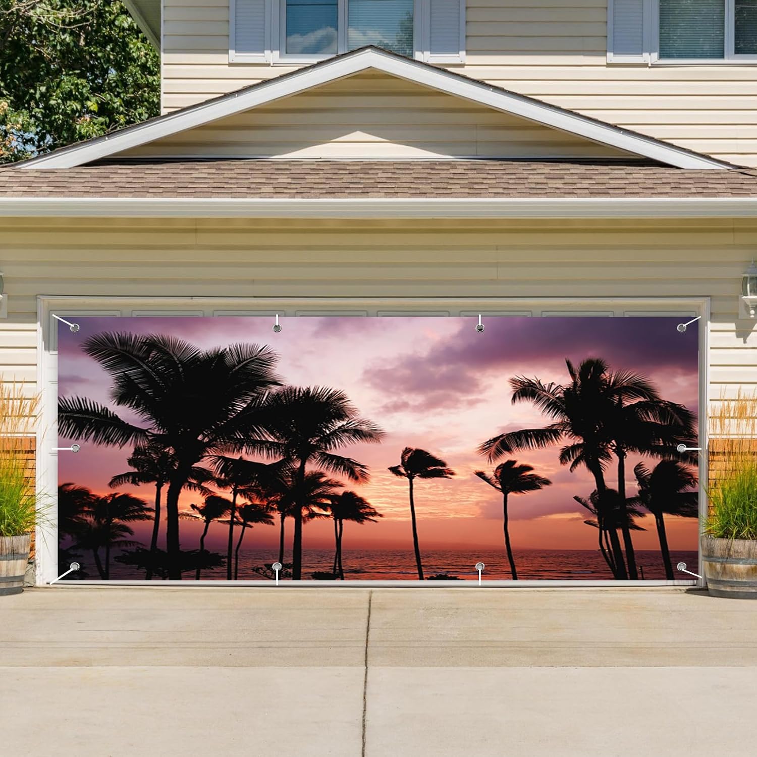7x16ft Tropical Beach Garage Door Decorative Banner Summer Sunset Pink Sky Garage Decorative Mural Wallpaper Tropical Seaside Palm Aloha Luau Party Outdoor Garage Decorative Banner