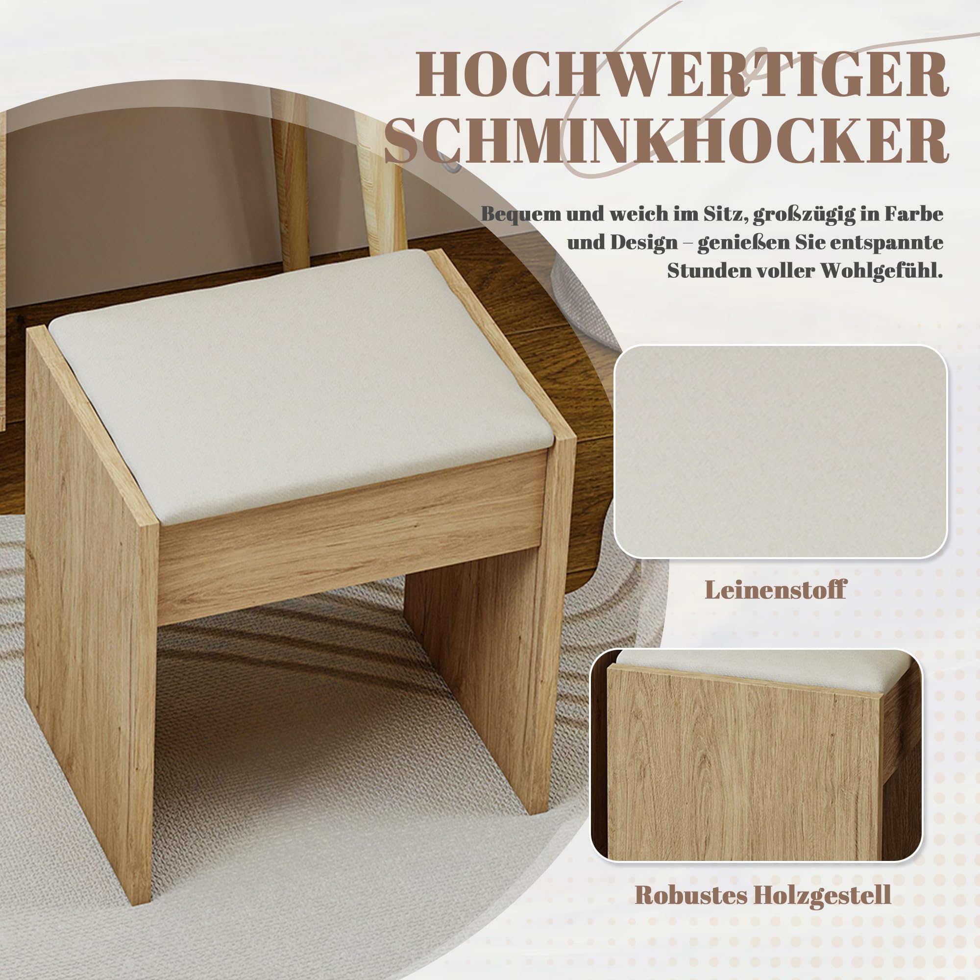 Kleiner Schminktisch mit versenkbarem Spiegel, Hocker und 5 Schubladen