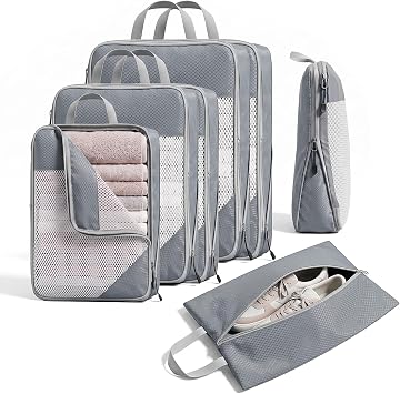 Sutinban 7-Piece Compression Packing Cubes for Travel, 6 Expandable Luggage Organizer Bags and Shoe Bag, Water-Resistant Mesh Suitcase Organizers, Grey