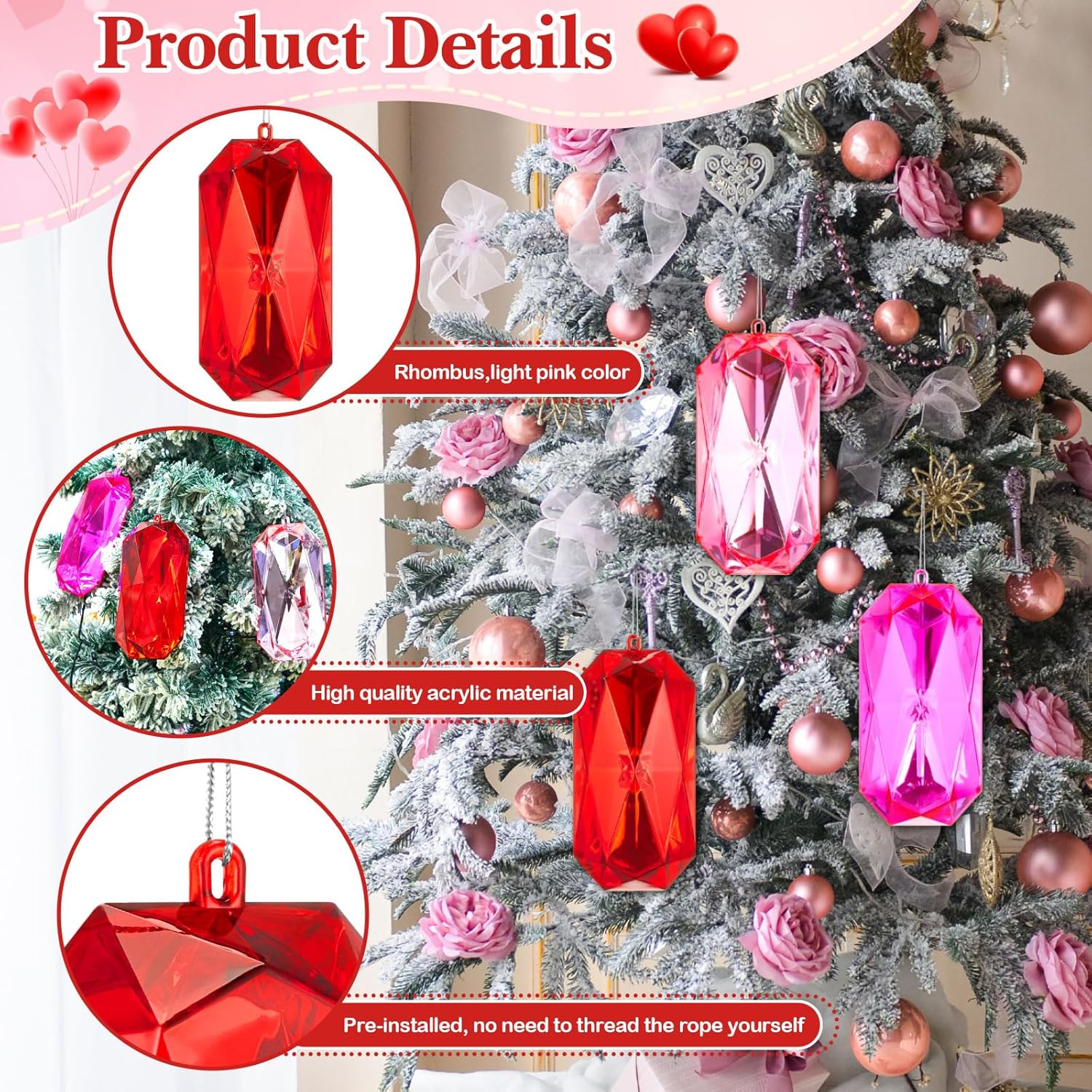 Syhood 3 Pcs Lagre Jewel Valentines Ornaments 7.5 Inch Red Pink Jewel Ornaments for Christmas Tree Glitter Acrylic Valentine's Day Decorations for Tree Xmas Wedding Holiday Party Decor - Image 6