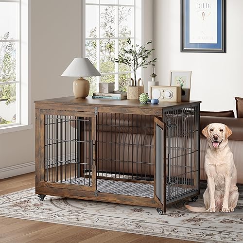 Miniatura 7 de Mueble de jaula para perros con cojín, perrera de madera para interiores con puertas dobles, jaula para perros con ruedas, mesa auxiliar de casa