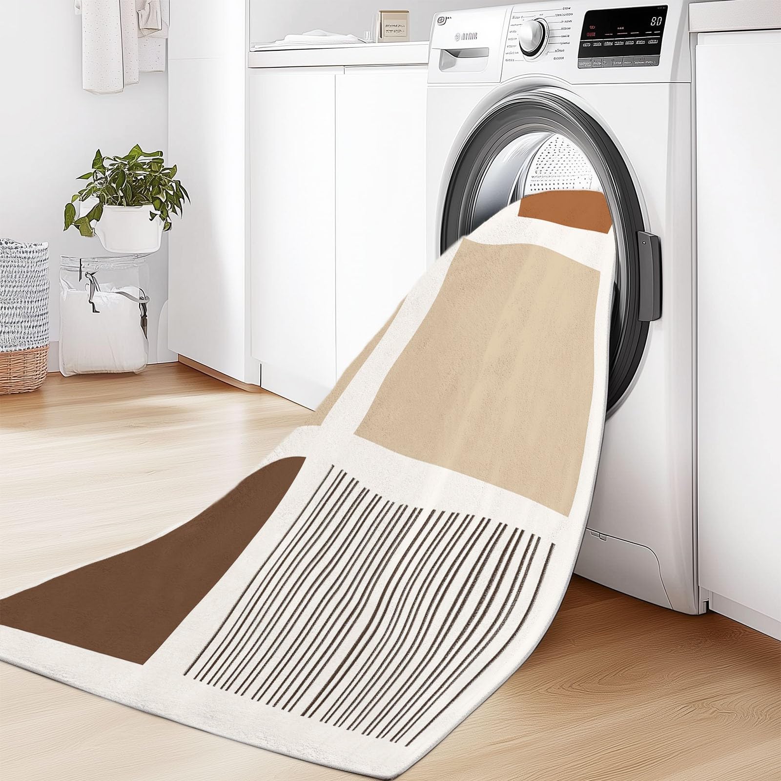 Tapis Décoratif, Tapis de Chambre 160 x 230 cm, Tapis de Salon, Tapis antidérapant, Lavable en Machine, Style Lignes Horizontales Simples, pour Cuisine, entrée, Marron Beige
