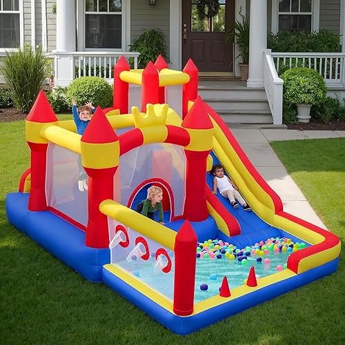 Miniatura 4 de Liaakrr Casa de rebote 8 en 1 para niños, casa inflable con tobogán, pared de escalada, hoyo de pelota, obstáculos, trampolín y aro de baloncesto,