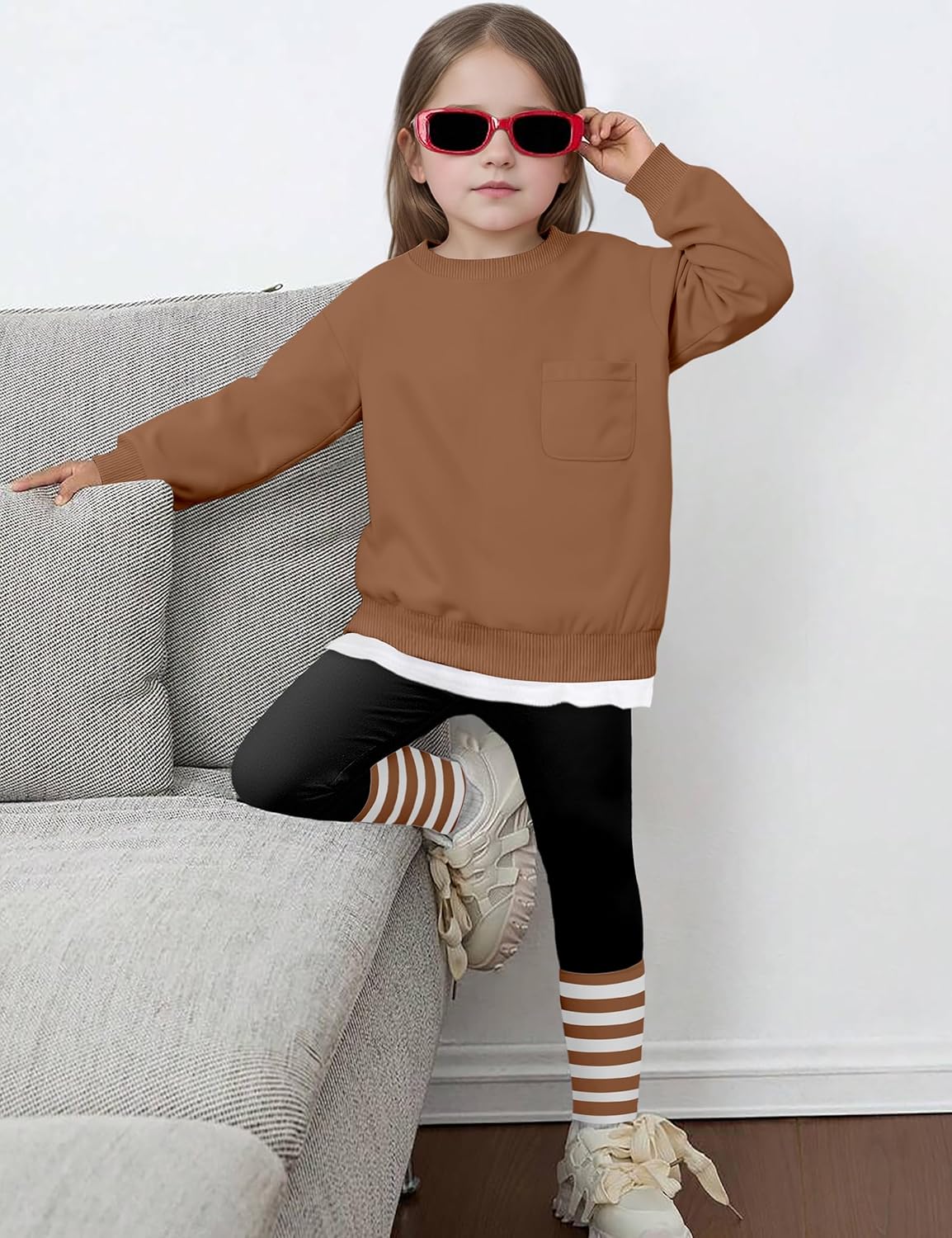 NAPU Little Girls Clothes 2Pcs Girls Outfits Pullover Sweatsuit Patchwork Striped Leggings Pants Set Fall Winter Clothes 2-8Y - Image 4