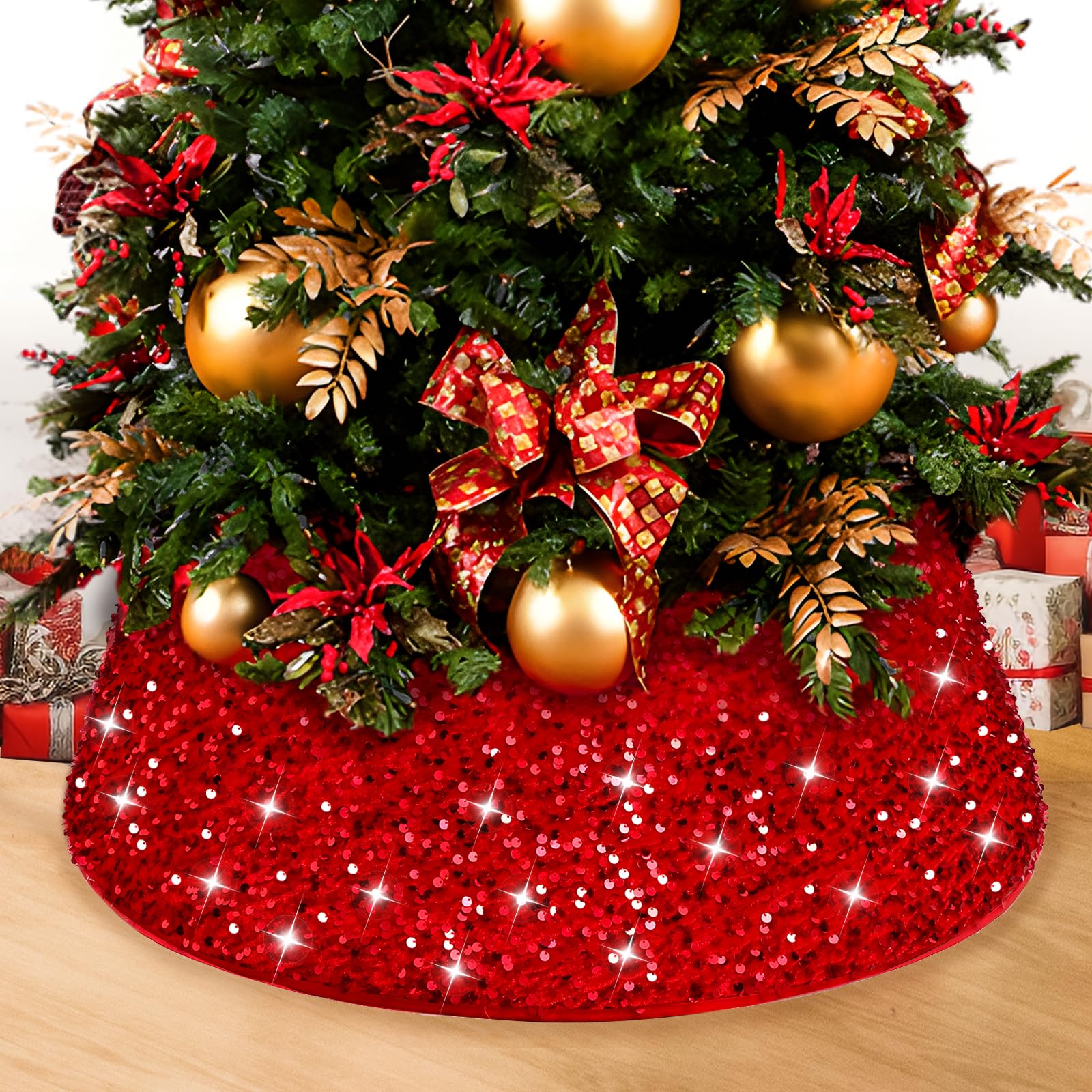 Collare per Albero di Natale, Copri Base Albero di Natale 60x40cm, Gonna per Alberoo di Natalizio Tronco con Paillettes, Christmas Tree Collar-Decorazioni Natalizie Casa (rosso)