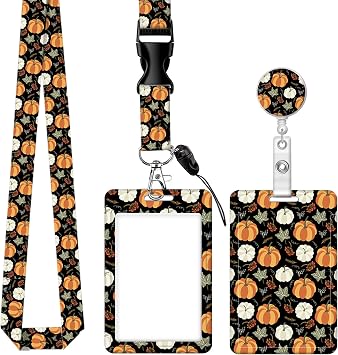 ID Badge Holder with Retractable Badge Reel Clip and Lanyard, Cute Card Name Tag Lanyard Vertical ID Protector Bage Clips for Nurse Doctor Teacher Student Cute Pumpkin