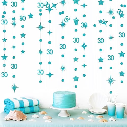 Miniatura 11 de Decoraciones de cumpleaños número 30 color azul aguamarina, guirnalda de estrellas con círculos y lunares metálicos para colgar en banderines, telón