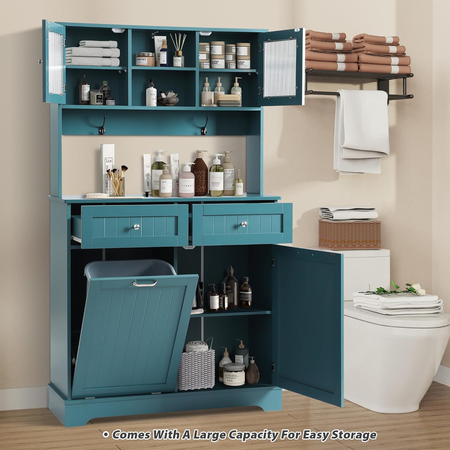 Tilt Out Trash Cabinet,Storage Cabinet,Two Solid Wood Hideaway Trash Holder Drawers,Wooden Freestanding Recycling Cabinets,Trash Can for Kitchen,Blue