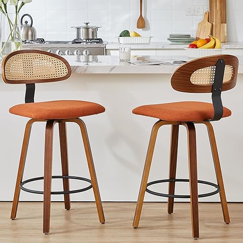 Taburetes de bar giratorios de altura de mostrador, taburetes de bar tapizados de 26 pulgadas con respaldo de ratán, marco de madera curvada, sillas