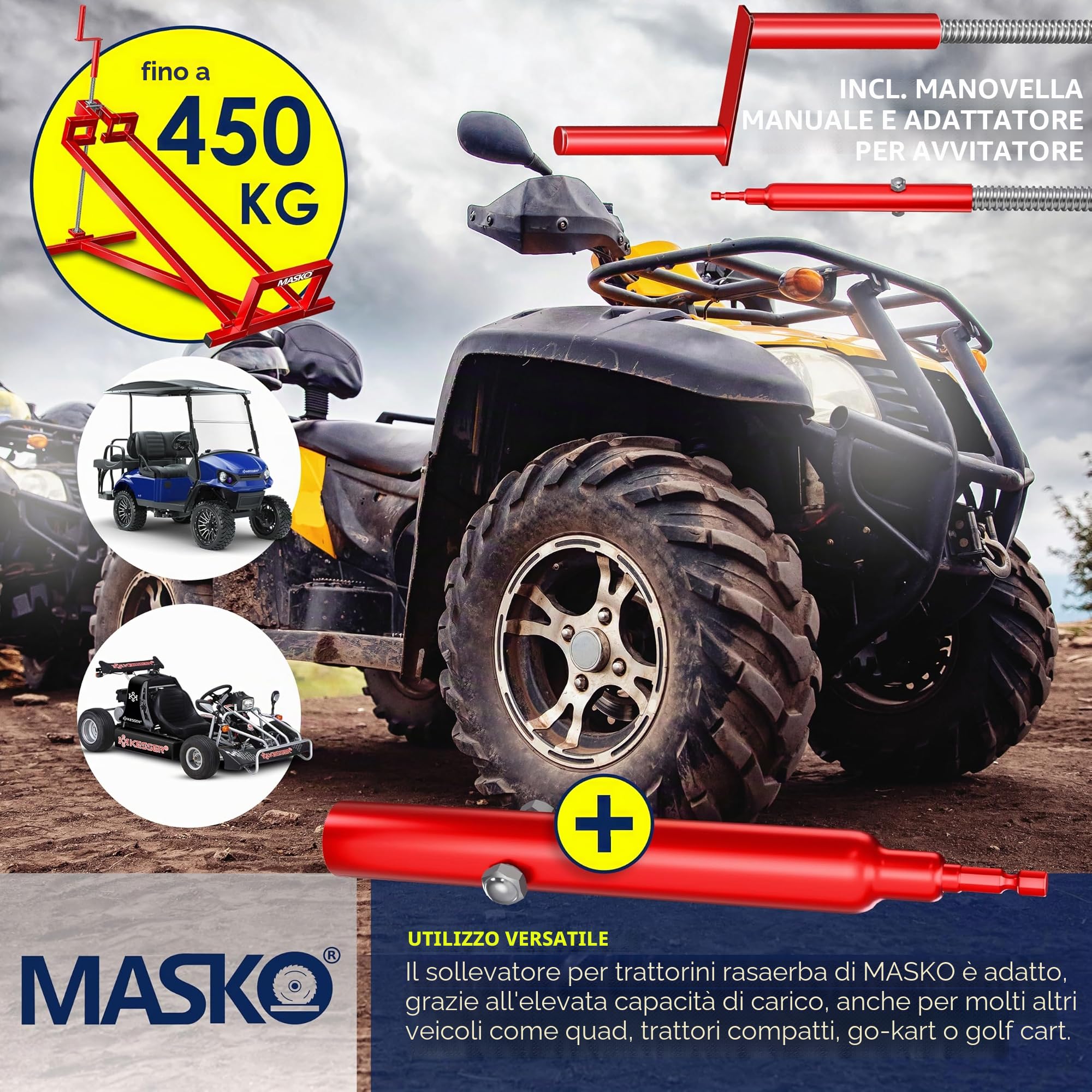MASKO® Sollevatore XXL per trattorino tosaerba 450 kg, dispositivo di sollevamento, sollevatore universale per trattorino tosaerba, aiuto per la pulizia, +45° di inclinazione regolabile incluso