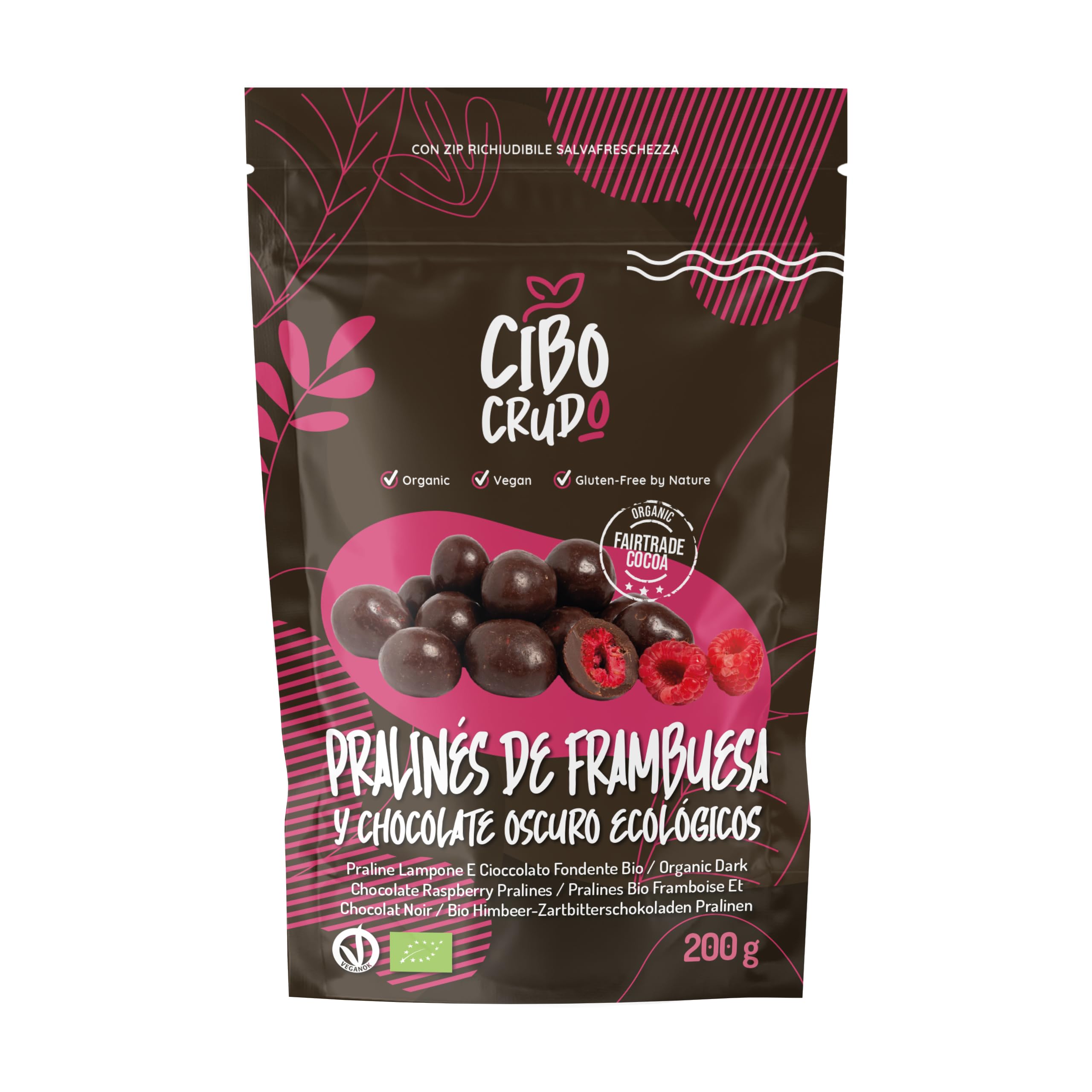 Praliné de Frambuesa Cubiertas de Chocolate Negro 90% Ecologico - 200g. Nuggets de Frutas Cubiertos de Chocolate Negro 90%. Frambuesas Pralinadas con Azúcar. Dulce Regalo para el Día de San Valentín.