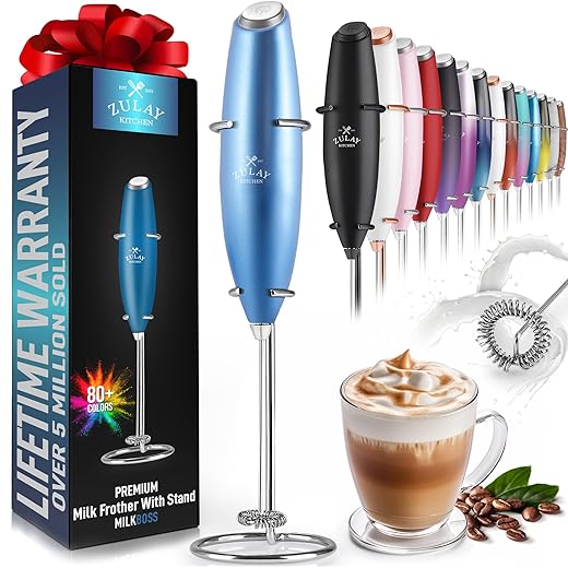 Zulay Original Milk Frother Handheld Foam Maker for Lattes - Whisk Drink Mixer for Coffee, Mini Foamer for Cappuccino, Frappe, Matcha, Hot Chocolate by Milk Boss (Metallic Blue)