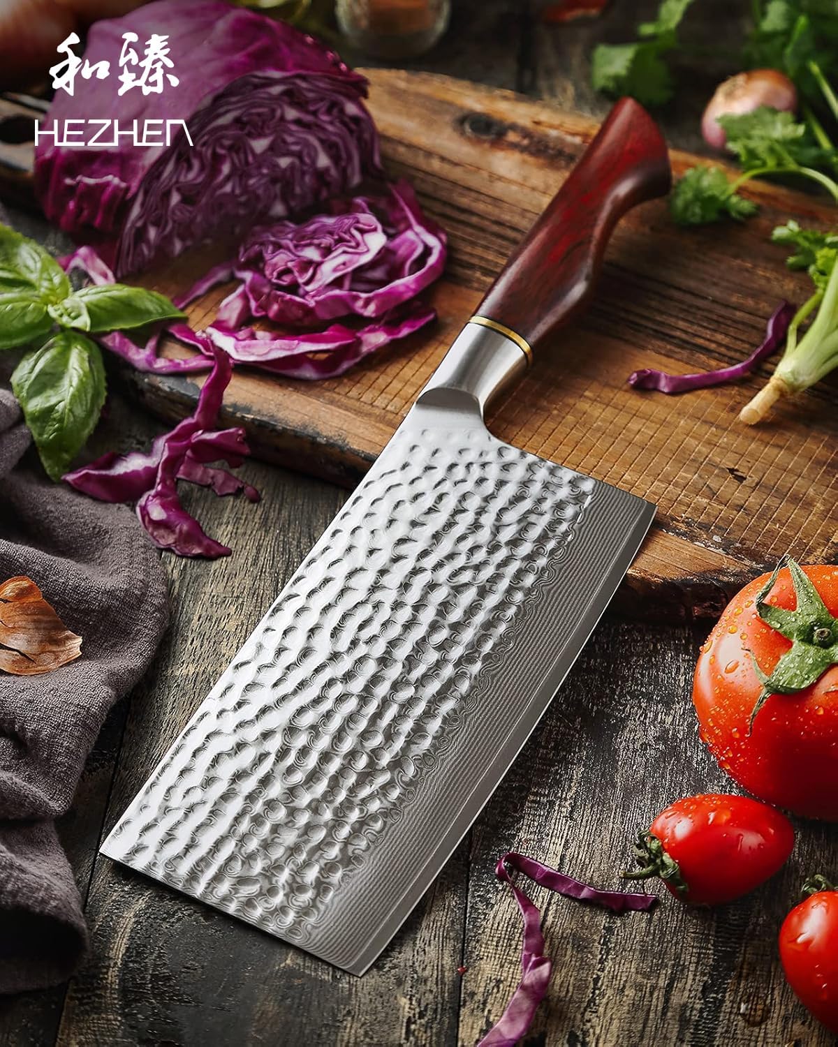HEZHEN Chinese Chef Knife 6.8 Inch- Meat Cleaver, Chinese Cleaver Knife, Premium Damascus Powder Steel-Natural Rosewood Handle-Master Hammered Finish Series