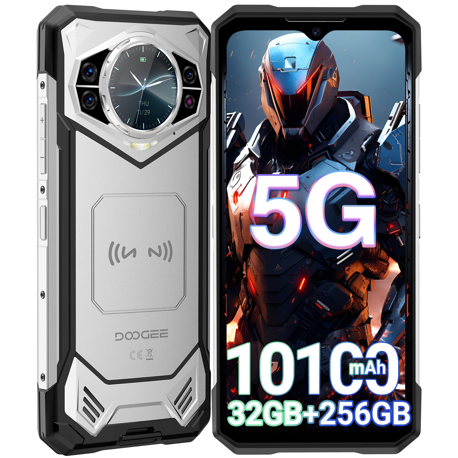 DOOGEES200 Rugged Smartphone 5G, 10100mAh 33W, 32GB+256GB Android 14 Rugged Unlocked Cell Phone with 1.32" Rear Screen, 100MP+20MP Night Vision, 6.72" FHD+ 120Hz, 4K, NFC, 5G Dual SIM, ATT, Verizon