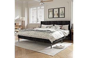 King Bed Frame with Headboard, Velvet Upholstered Platform Bed Frames, Black