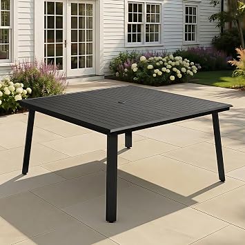 57" Square Outdoor Table for 8, Aluminum Large Patio Dining Table with Umbrella Hole All-Weather Slatted Design for Lawn, Backyard, Garden, Black