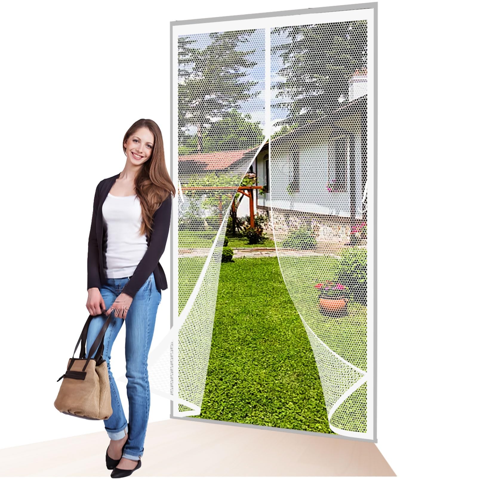 Liujyuan White Magnetic Screen Door 157 X 151 Cm With Magnets, Magic Tapes, Polyester Door Screen, Nets Patio Curtain Heavy Duty, Lets Fresh Air For Living Garage Doors,