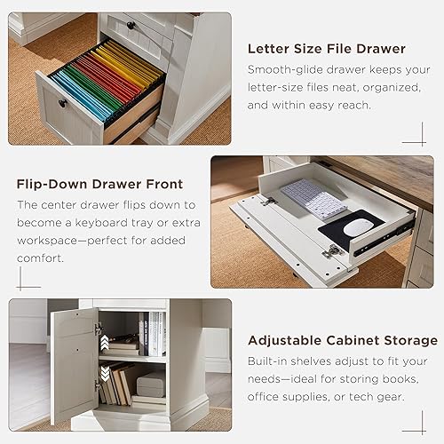 Miniatura 5 de OKD Escritorio Ejecutivo de 60" con Estante Superior y Cajones, Escritorio de Oficina en Casa Estilo Granja con Estación de Carga, Bandeja para