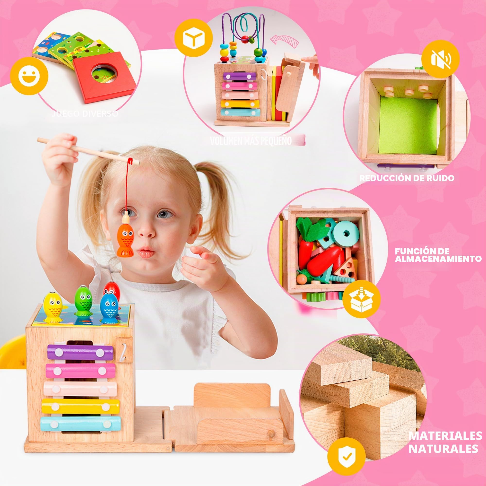 Cubo de Habilidades Motoras de Madera,9 en 1 Cubo de Actividades ,Juguetes Madera Bebe Con Recoger Zanahorias, Juego de Pelota,Pescar,Clasificar y Apilar Juguetes,Juguete Montessori 2 3 4 5 años