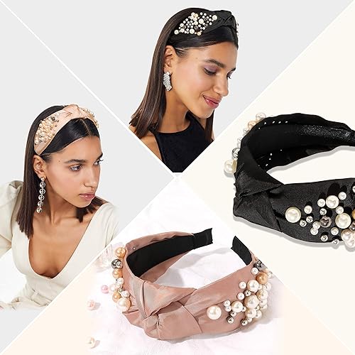 Vista 3 de Ivyu Diademas de perlas anudadas para mujer de moda, accesorios para el cabello, bandas para el cabello para niñas, antideslizantes, a la moda