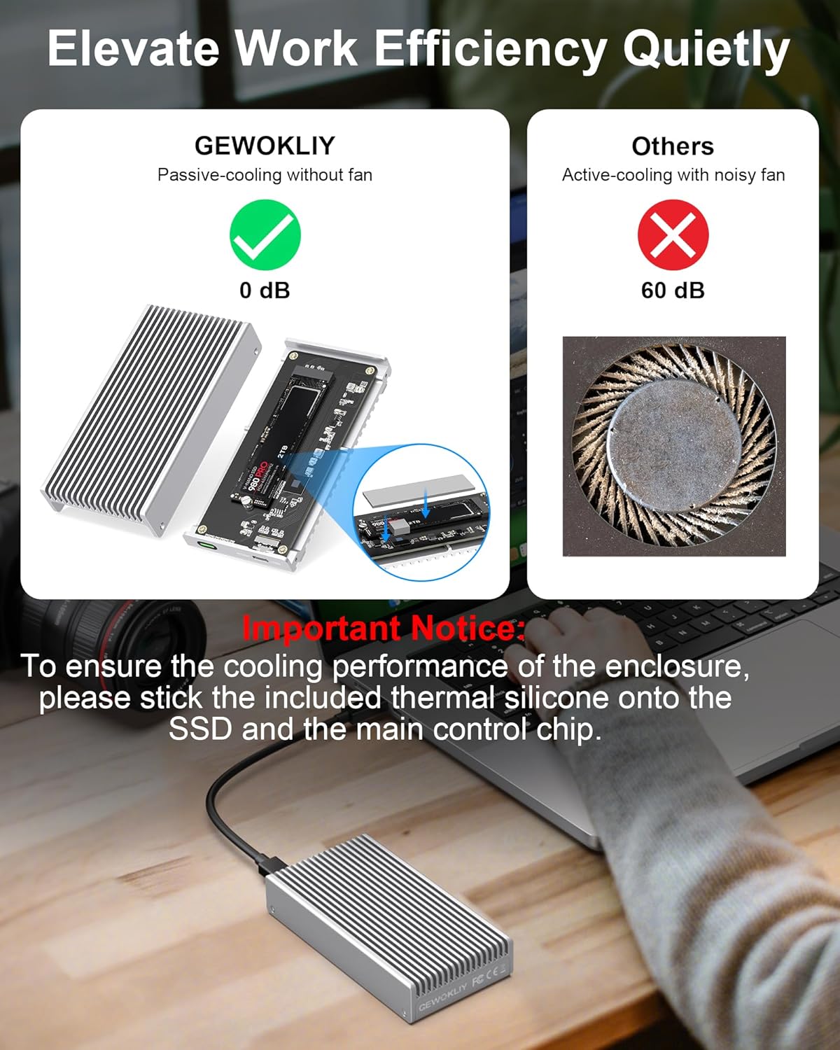 Noiseless 40Gbps M.2 NVMe Enclosure, USB C Aluminum External SSD Enclosure Compatible Thunderbolt4/3 8TB SSD Adapter, PCIe Gen4 M.2 SSD Reader Fits 2280/2260/2242/2230mm M B+M Key (Silver)