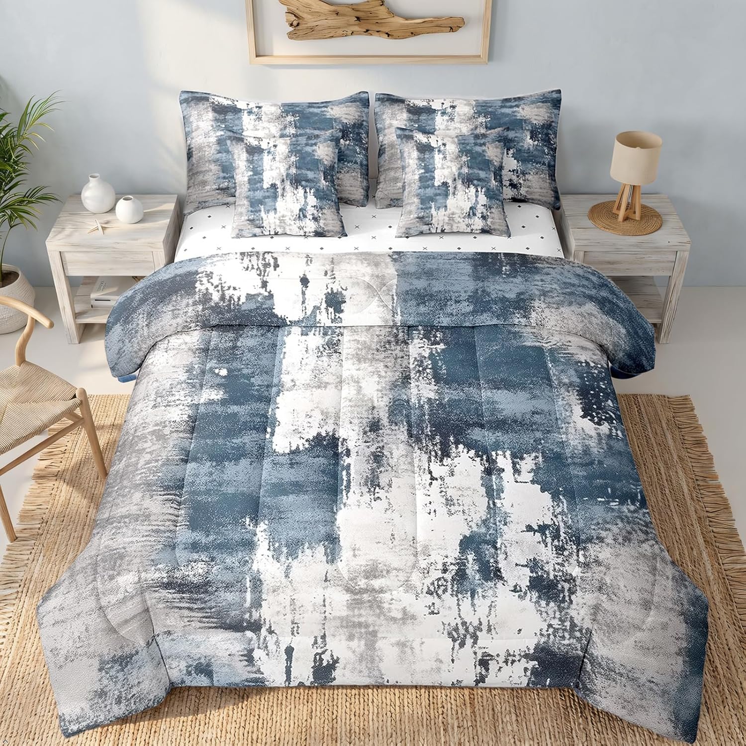 Erosebridal Modern Abstract Bed in a Bag Queen Comforter Set 7 Piece,Vintage Ombre Art Bedding Set,Minimalism Blue Grey Sheet Set Grunge Oil Painting Bed Set,Watercolor Artwork Rustic Graffiti Decor