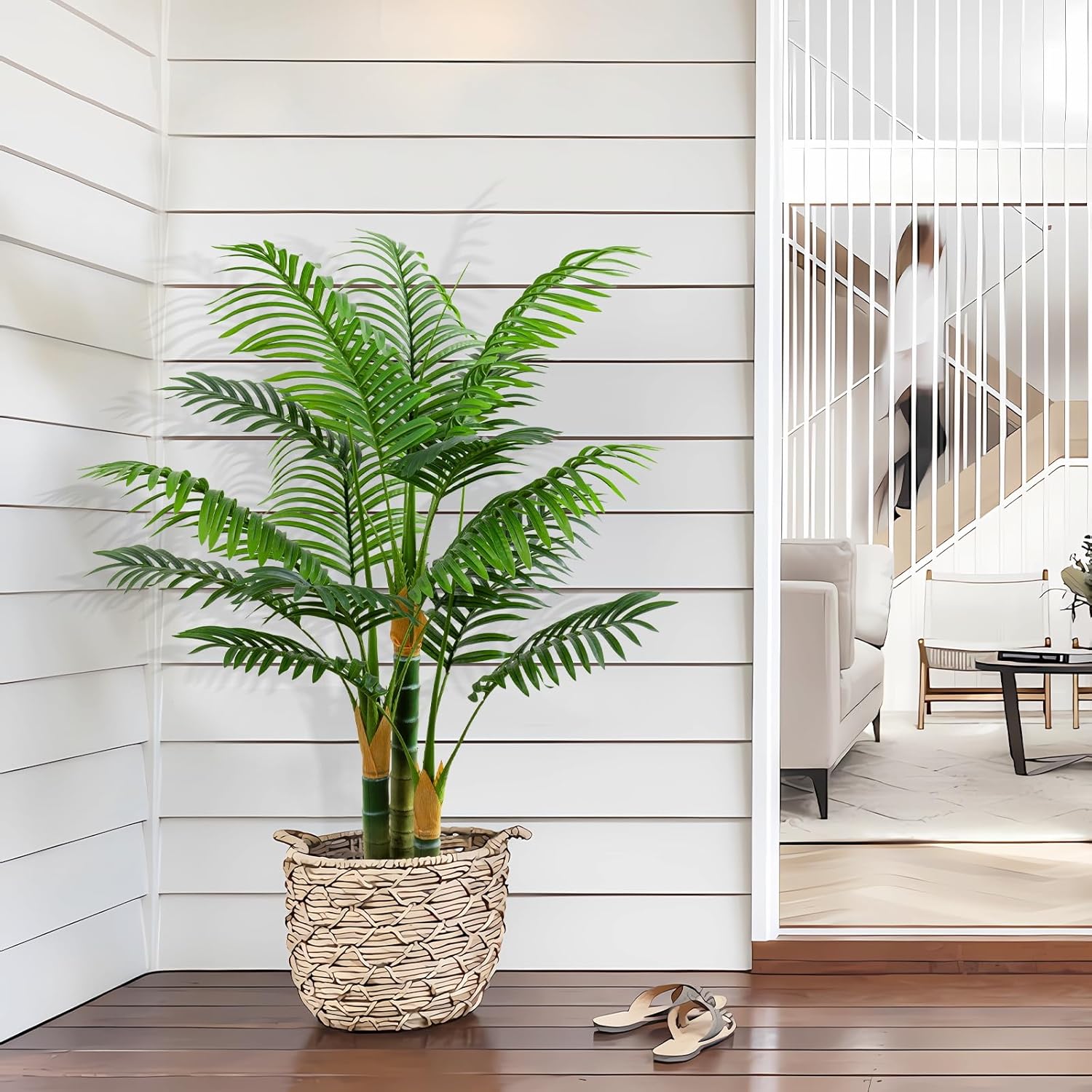 4ft Tall Golden Cane Artificial Tree Palm Outdoor, Large Artificial Plants Outdoor Faux Palm Tree with 3 Textured Trunks, Fake Tree for Indoor Outdoor Office Living Room Outside Patio