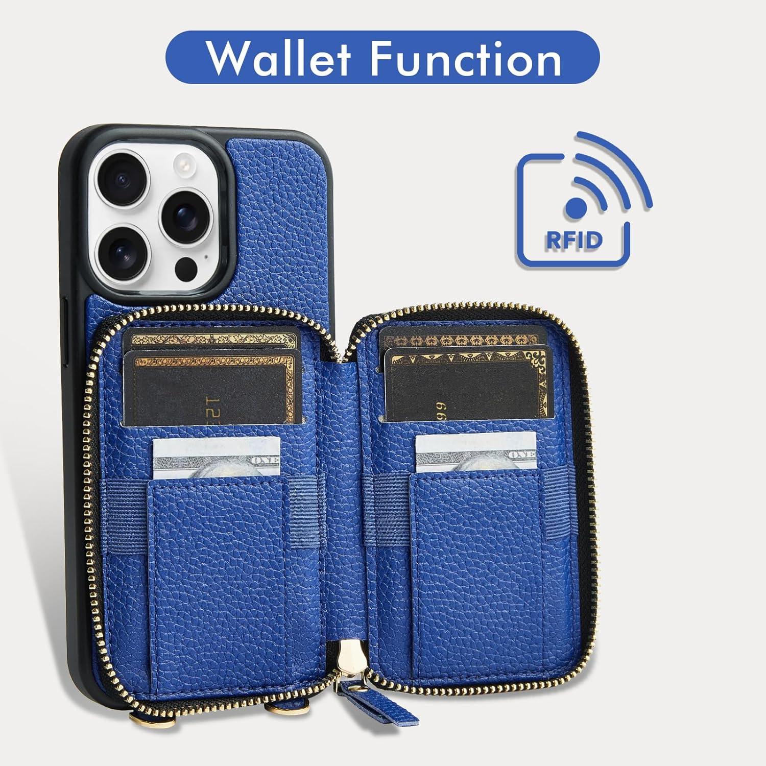 ZVE for iPhone 15 Pro Max Wallet Case, Crossbody, Card Holder Phone Purse for Women, RFID Blocking Zipper Leather Cover with Wrist Strap for iPhone 15 Pro Max (6.7 inch)- Navy Blue