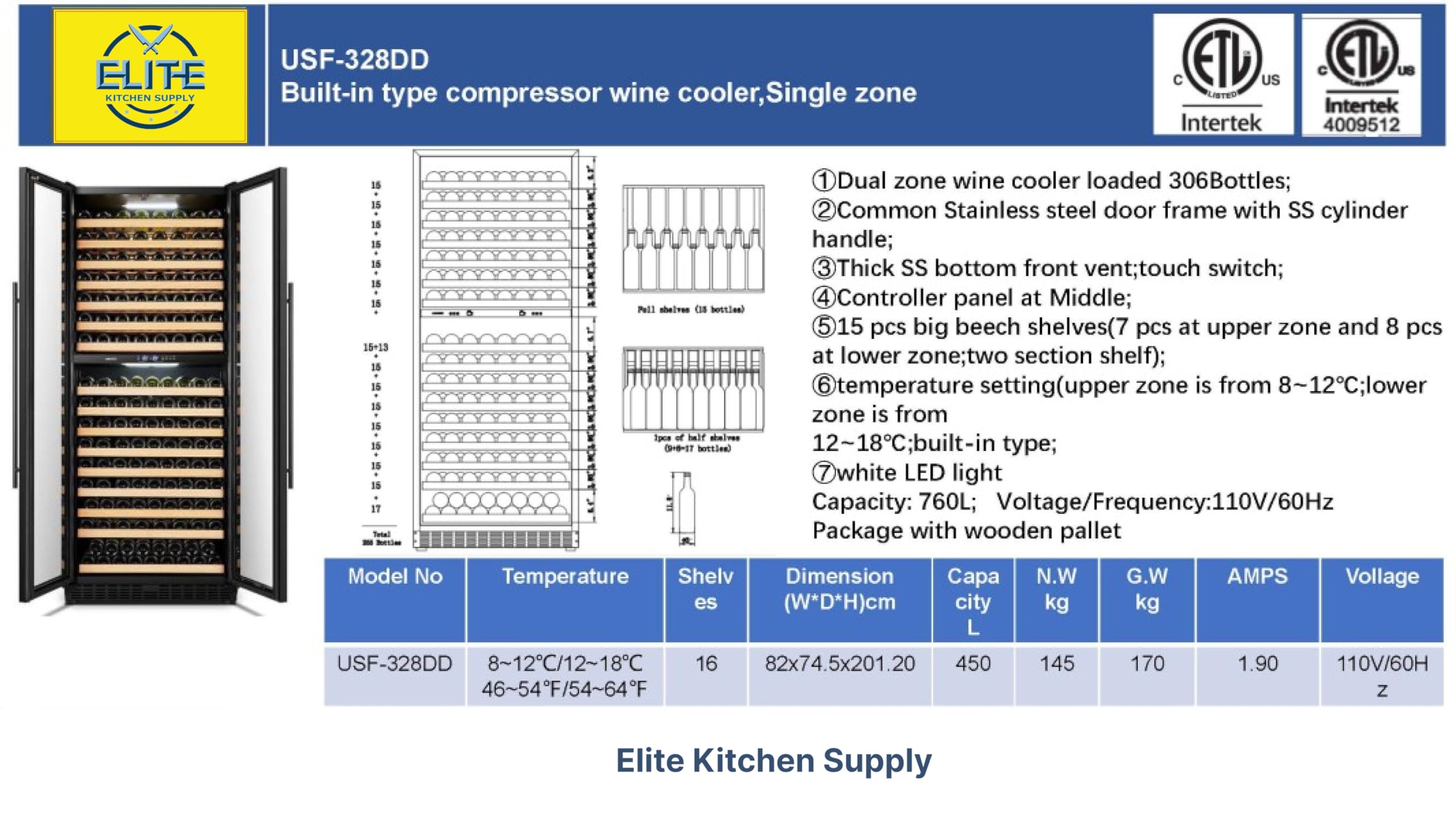 Elite Kitchen Supply Commercial Wine Cooler Dual Zone Refrigerator, Etl 300-350 Bottles Reversible Fridge Merchandiser, Restaurant Bar Grocery Store Usf-328dd on Fridge.com - View 2