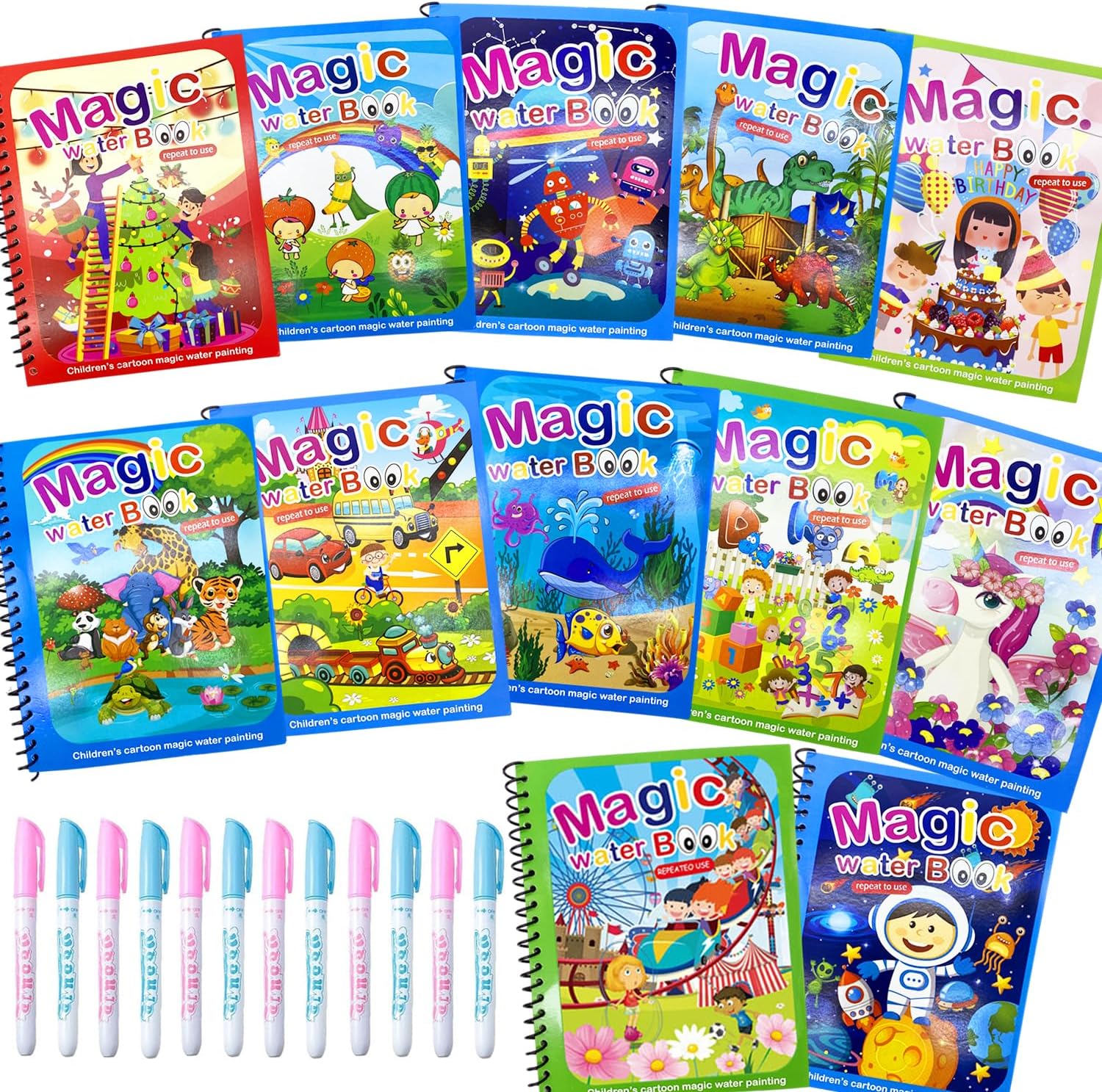 Dduolammng 12 Pack Water Coloring Books, Reusable Water Painting Book for Toddlers, Educational Learning Kits Gifts