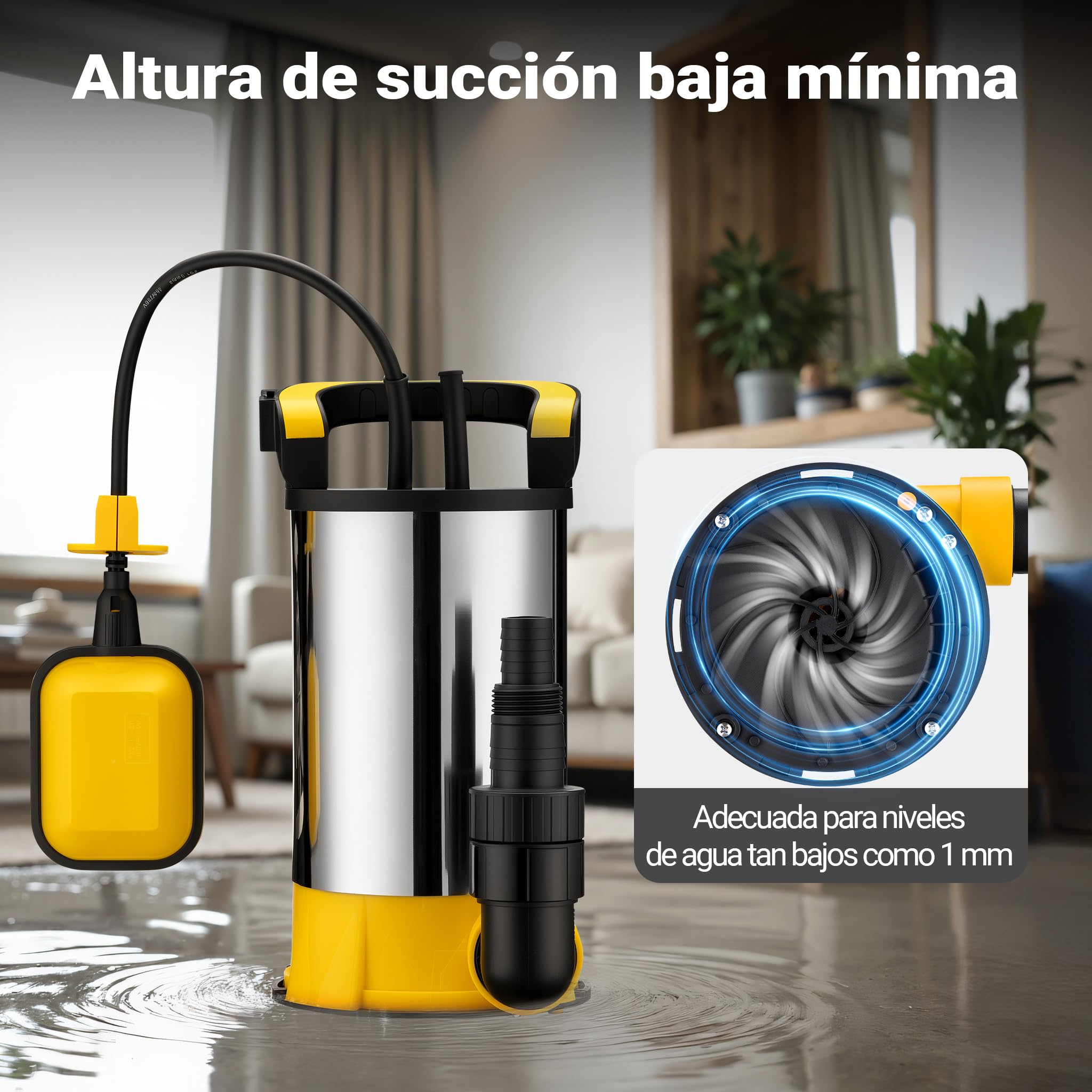Wiltec Bomba sumergible de aspiración plana 850W 15000 l/h 8,5 m PPO acero inoxidable
