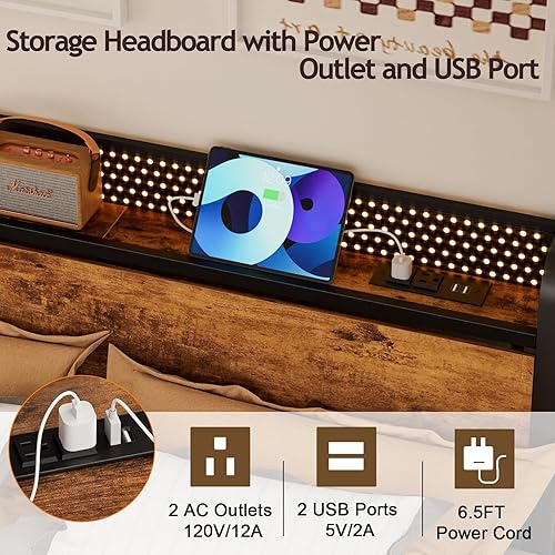 Miniatura 3 de Furnulem Base de cama matrimonial con luces LED, cabecera de almacenamiento industrial con toma de corriente y puerto USB, plataforma de madera con