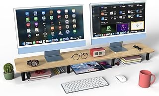 WEGASTU Dual Monitor Stand Riser43.7 inch Large Extra Long Monitor Stand Riser Wide TV Stand Riser Monitor Stand for 2 Monitors Wood & Steel Leg Adjustable height Desktop Riser Desk Organization Home Office (Natural)