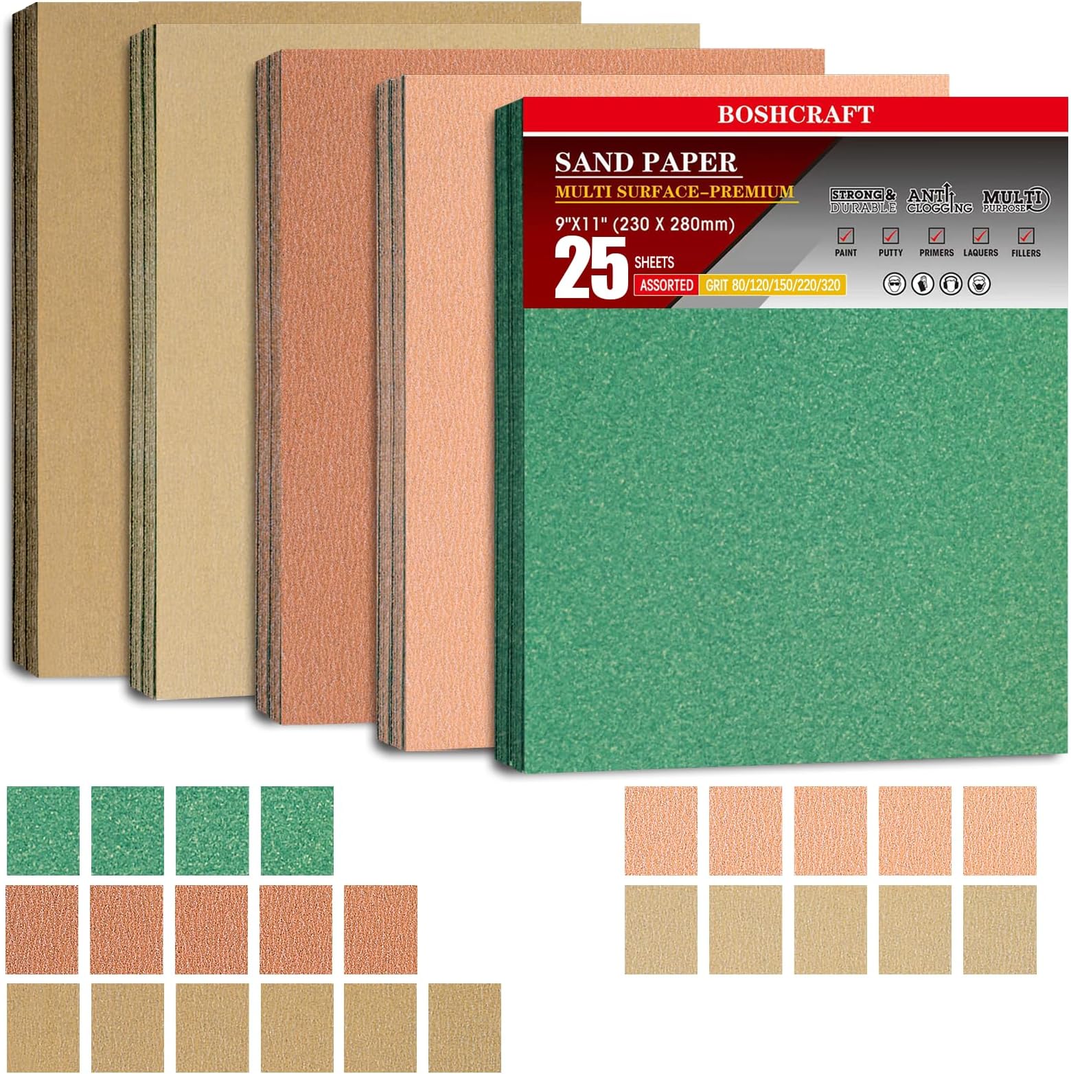 BOSHCRAFT 25 PCS Sandpaper Assortment, 9" x 11" Sand Paper for Wood Metal Hand Sander โ 5 Sheets Each of 80/120/150/220/320 Grit, Multi-Purpose Sanding Paper for DIY