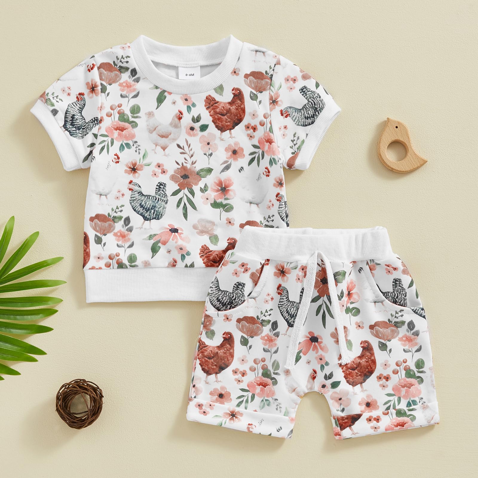 SHUING Toddler Infant Girl Boy Farm Outfit Chick& Flower Print Long Sleeve Sweatshirt Jogger Pants 2pcs Fall Winter Clothes (White Shorts, 6-12 Months)