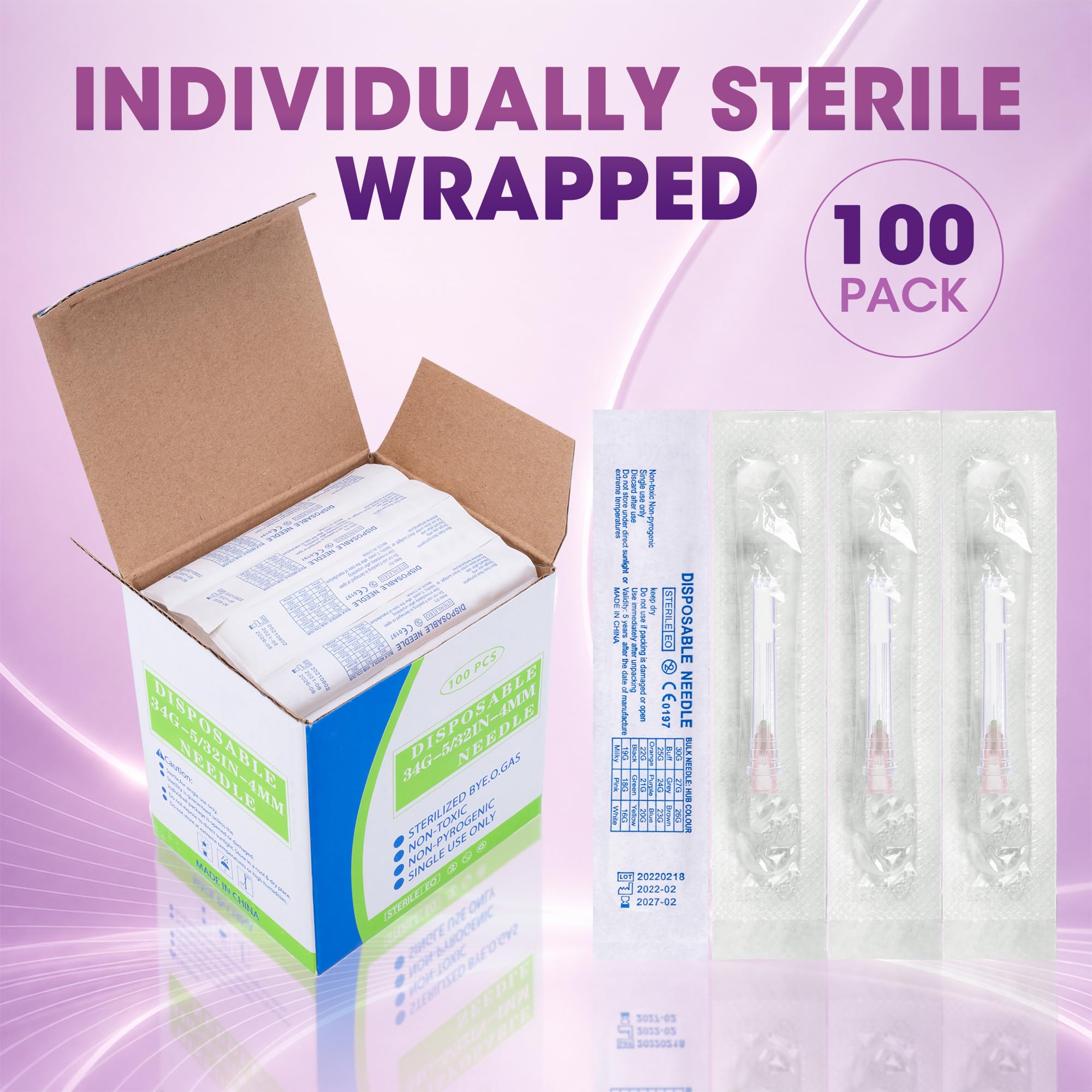 100 Pack 34 Gauge 5/32 Inch Needle, Sterile Luer Lock Needle for Scientific Lab and Industrial Dispensing with Cap, Disposable Individual Package — Amazon image 5
