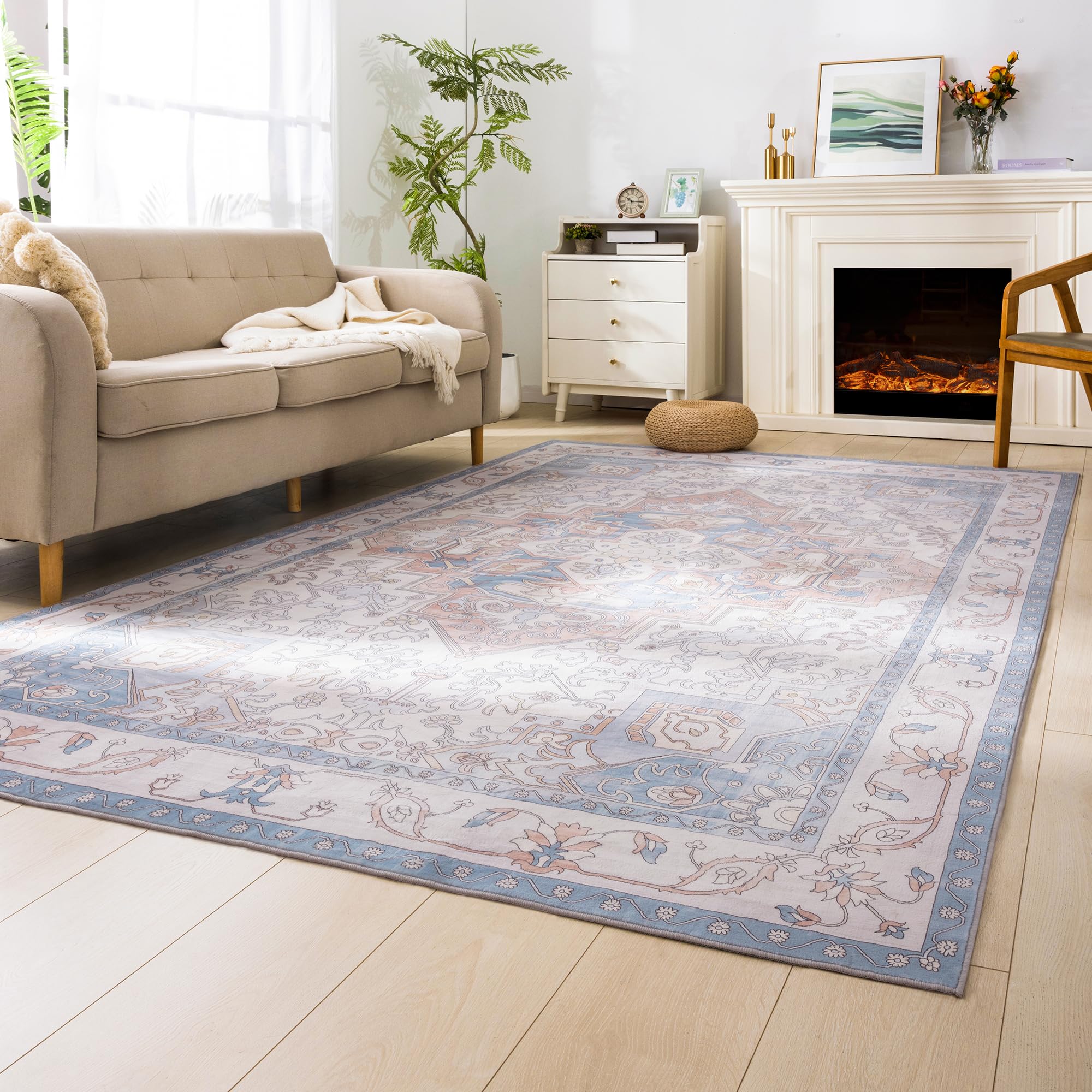 Carvapet Orange/Blue Living Room Rug 8x10 Large Washable Area Rug Ultra