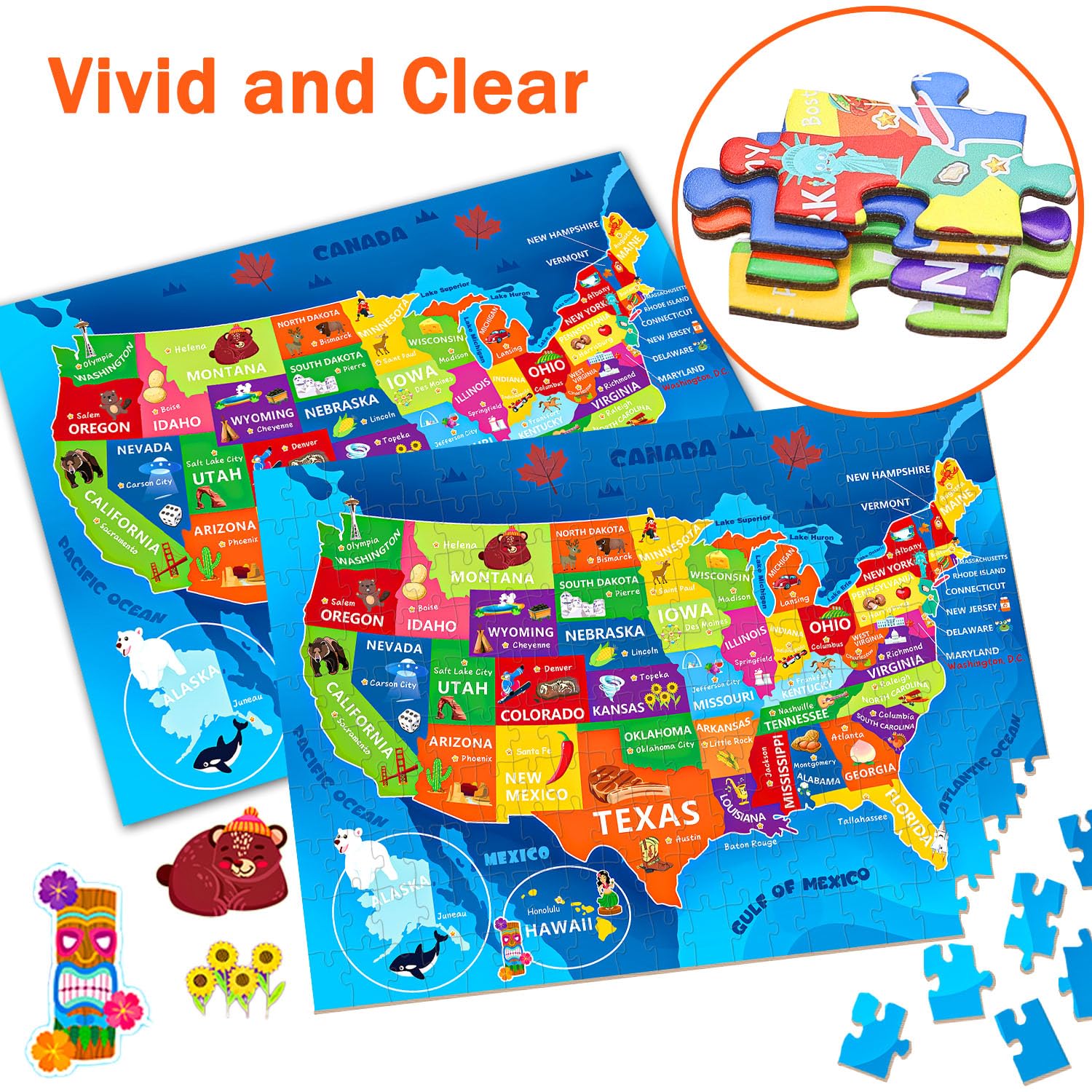 Puzzles für Kinder im Alter von 6-8 Jahren 8-10 - 200 Teile Vereinigte Staaten und USA Puzzle | Lernspielzeug in den USA, buntes Kinderpuzzle für 6, 7, 8, 9, 10, 11, 12 Jahre, Jungen und Mädchen. Urlaubsgeschenke