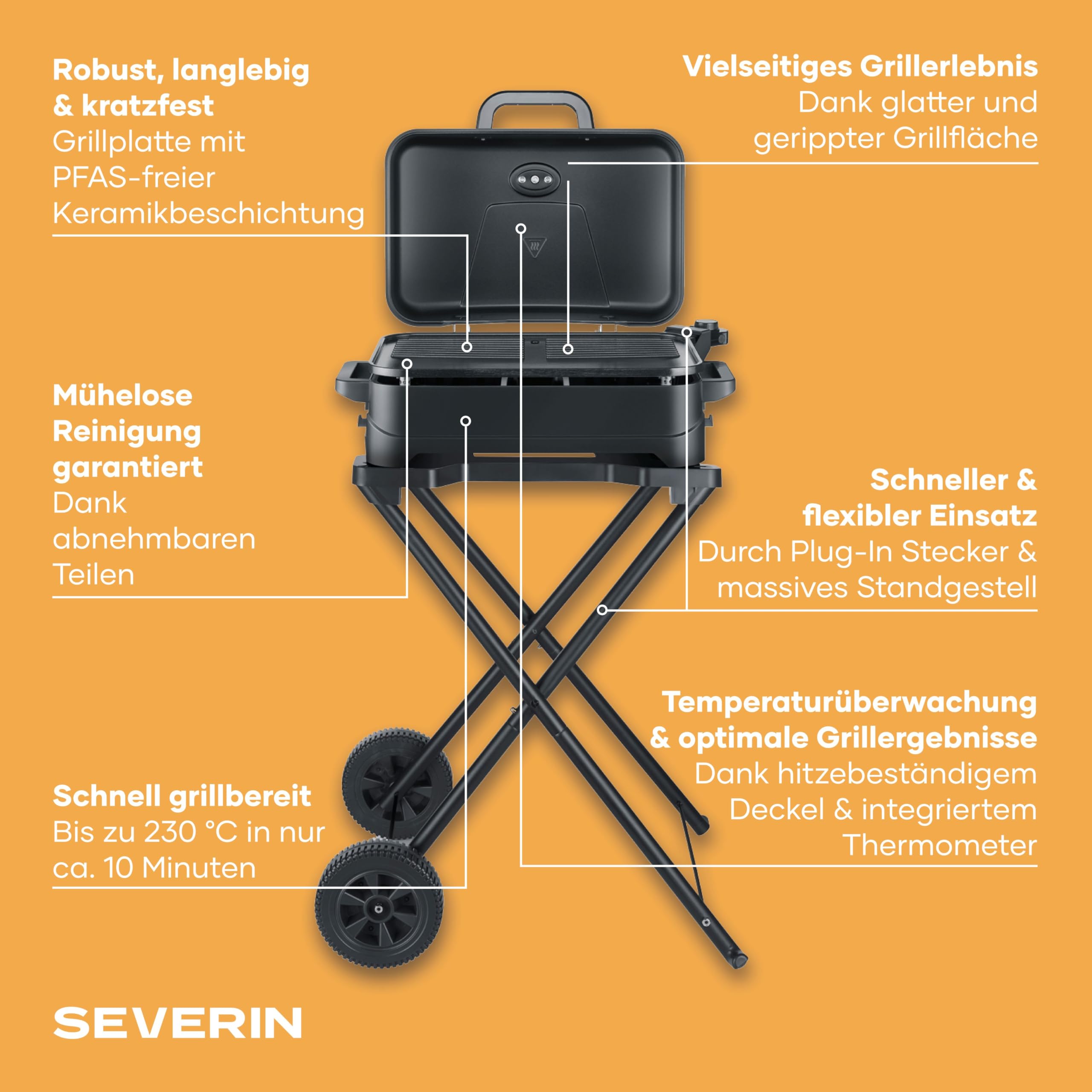Severin Stand- und Tischgrill, Elektro-Grill für Balkon, 2300W, 10 Min. Aufheizzeit, Keramik-Beschichtung, max. 230°C, mit Deckel, Standgestell, Thermometer, 45x30cm Grillfläche, matt-schwarz, PG 8598