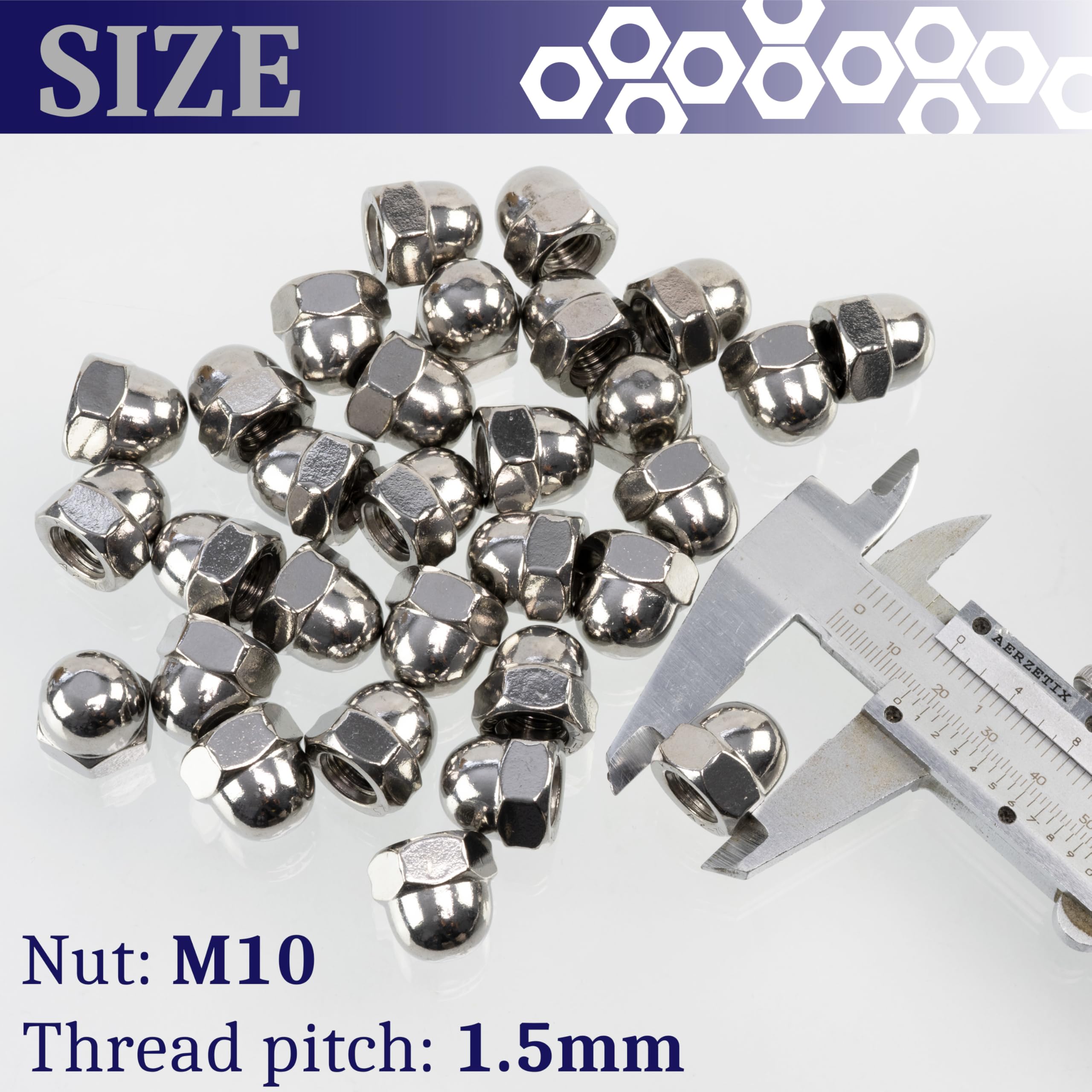 AERZETIX - Lot de 30 écrous borgne hexagonaux M10 à tête dôme creuse | pour assemblage décoratif, fixation sur tige filetée et travaux de métallerie | en acier de couleur argent