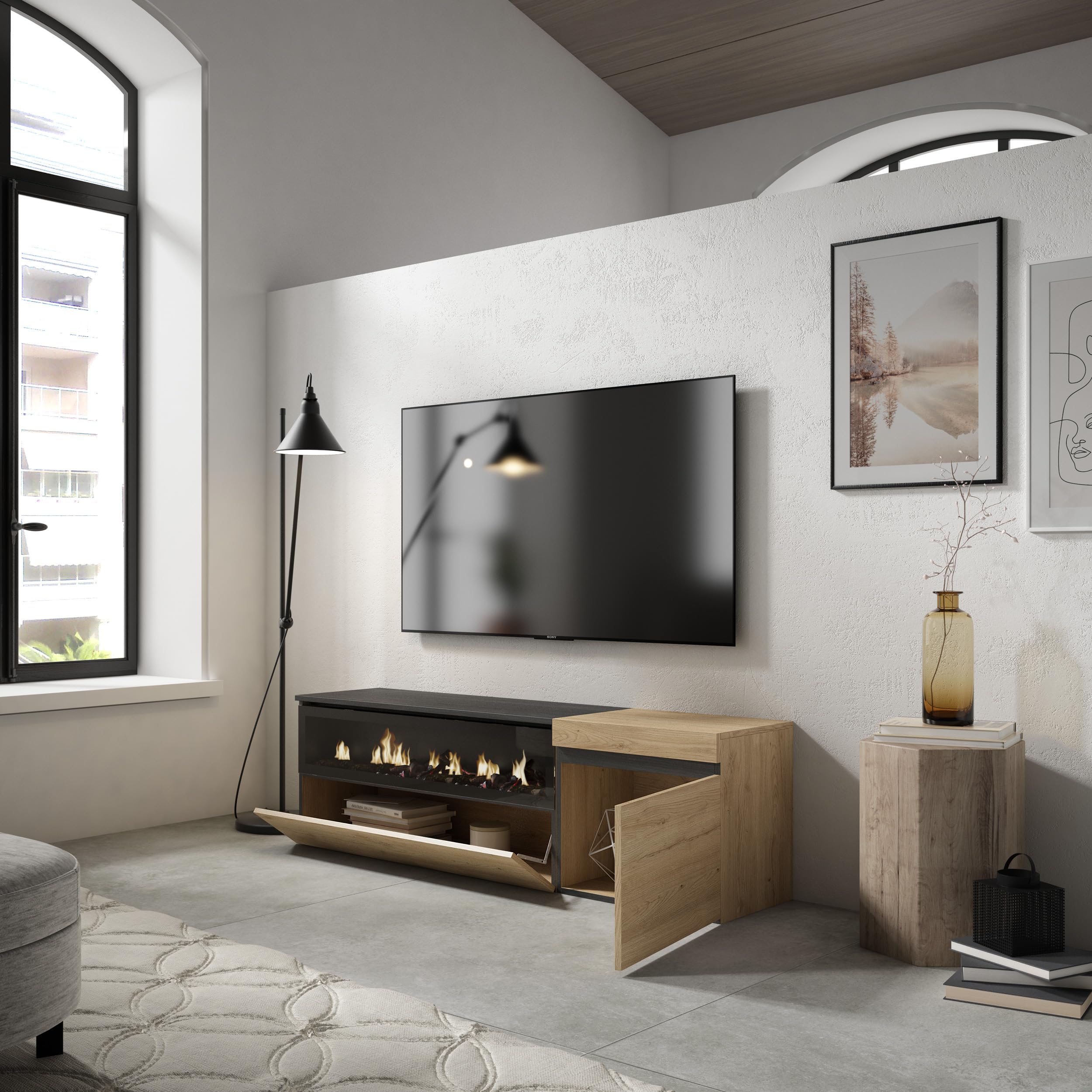 Skraut Home | TV-Meubel, Lowboard | Woonkamer, Eetkamer | 150x57x35cm | Voor tv's tot 65 | Elektrische haard | Industrieel design | Moderne stijl | Eiken/Zwart