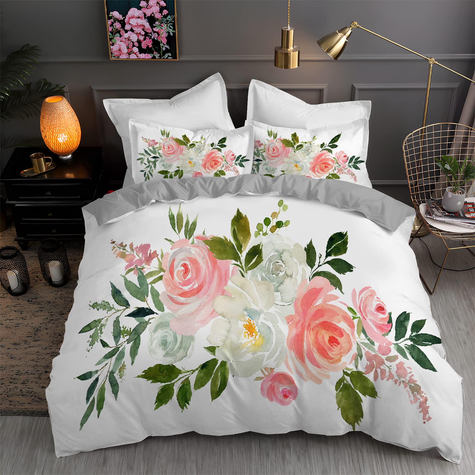 Copripiumino una Piazza e Mezza Bianco Rose Biancheria da Letto Morbido Microfibra Copri Piumone 200x200 e 2 Federe Abbinate, con Zip, Ipoallergenico