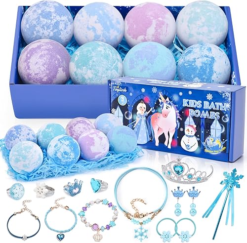 Bombas de baño para niñas con juguetes sorpresa en el interior, paquete de 8 bombas de baño naturales hechas a mano con juego de joyas, regalo de