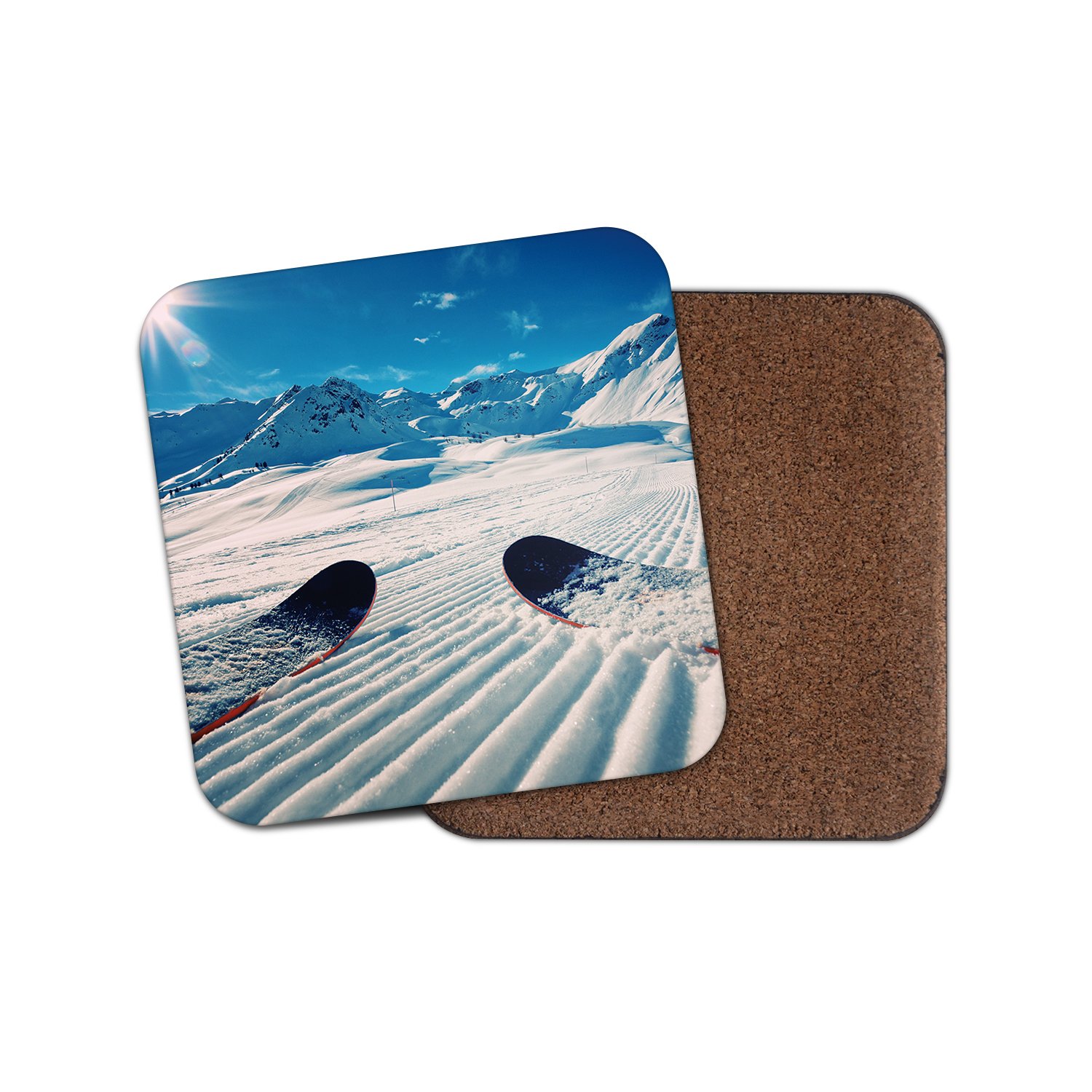 Destinationvinyl Multicolor 1 X Skiing Ski Ski's Cork Backed Drinks Coaster - Snowboarding Mountain #8114