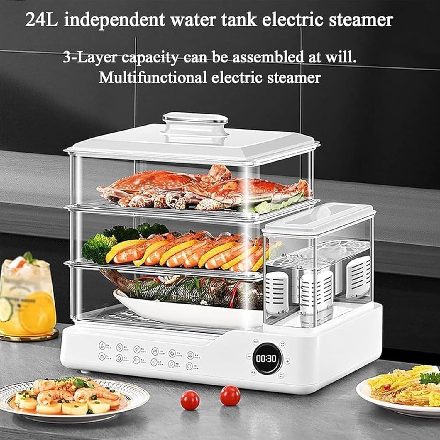 Electric Food Steamer, 24L 3-Tier Vegetable & Meat Steaming Machine, 800W with Touch Screen Control, 12-Hour Timer & Independent Water Tank for Home Use