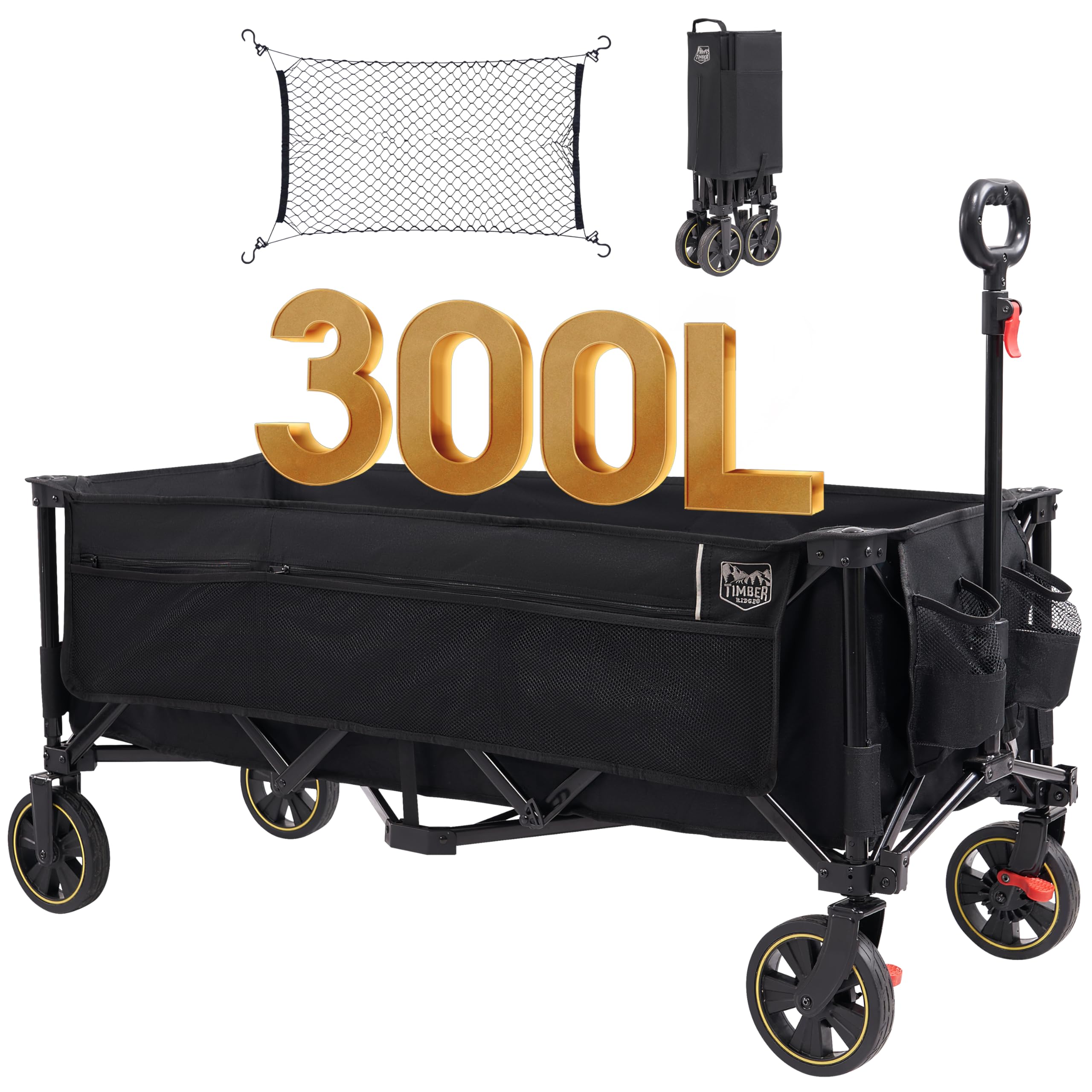 Timber Ridge XXXL Carro Plegable 300L 160KG con Freno Redes anticaída Carro de Transporte Bolsillo Lateral Portabebidas, Asa Ajustable, Carro de jardín, Carro de Playa para Todos los terrenos