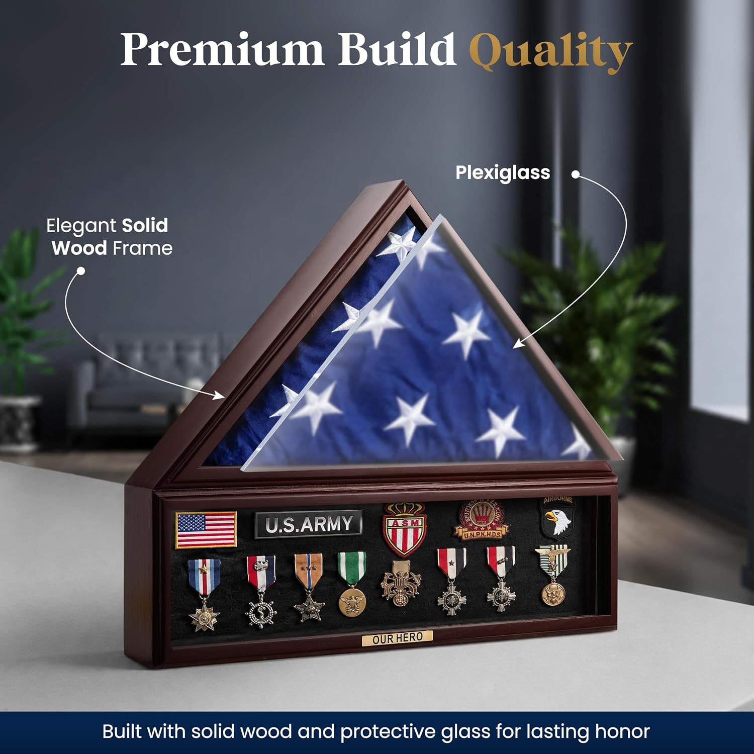 Large Military Flag Display Case with Gold Plate - Wooden Shadow Box Frame for Veteran Burial Flag - Fits 5' x 9.5' Flag - Memorial Medal Display & Shadowbox for Medals & Tri Folded Flag