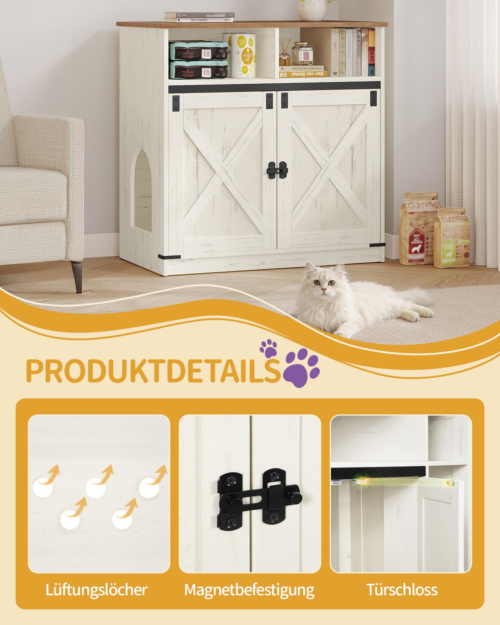 Hzuaneri Katzenklo Schrank, 80 cm, Versteckte Katzenschrank, Braun-Weiß | mit Stauraum, Katzenschrank aus Holz, Katzenhaus im Landhausstil, TV-Schrank Beistelltisch, 80 x 48 x 80 cm, CB89414X