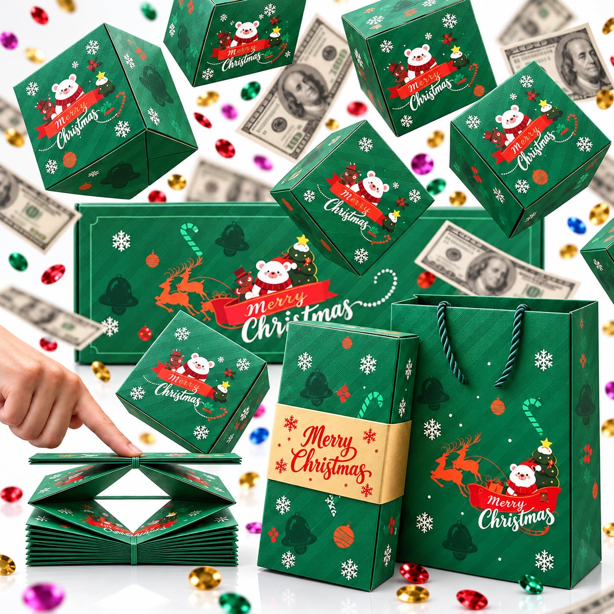 Christmas Surprise Gift Box,15 Bounces Pop Up Explosion Surprise Money Gift Box with Confetti， Festival Money Photo Folding Gift Box Album Birthday Gift Decoration (Christmas-Green)